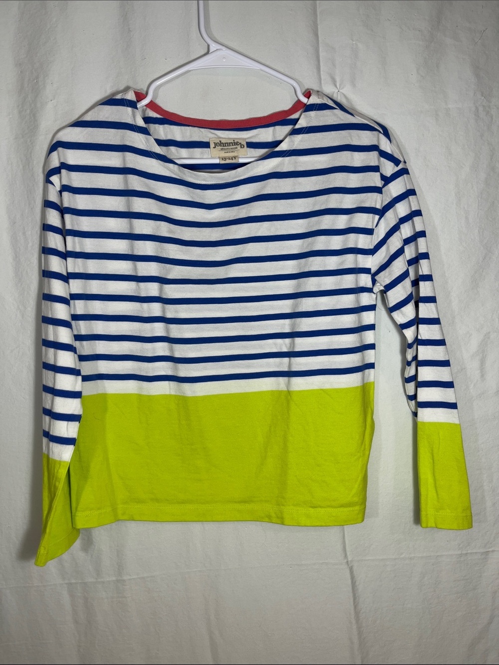 Johnnie b Boden Striped Colorblock Long Sleeve Top Neon Yellow Blue White 13-14Y